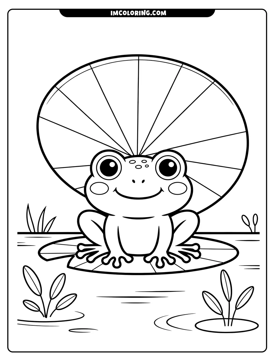 Outline of a smiling frog sitting on a large lily pad in a pond. Reeds grow in the water around the pad.