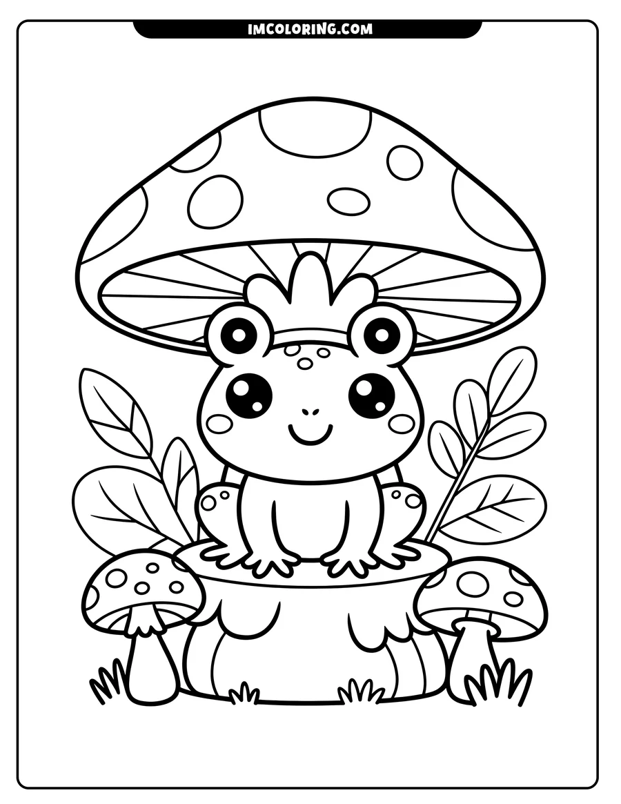 Outline of a cute frog sitting on a toadstool, beneath a large spotted mushroom, with smaller spotted mushrooms and leaves around it.