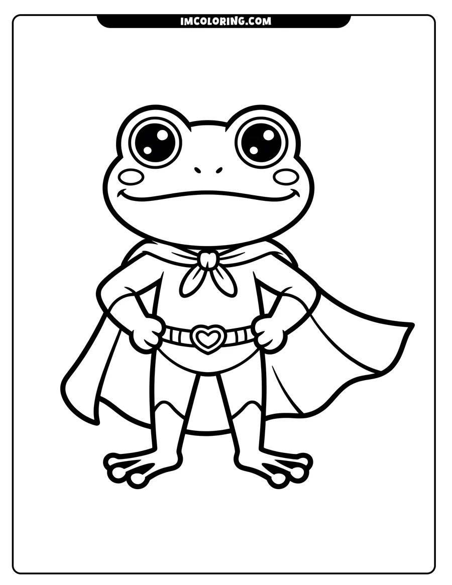 Outline of a cartoon frog dressed as a superhero, complete with a cape and heart emblem on the belt.