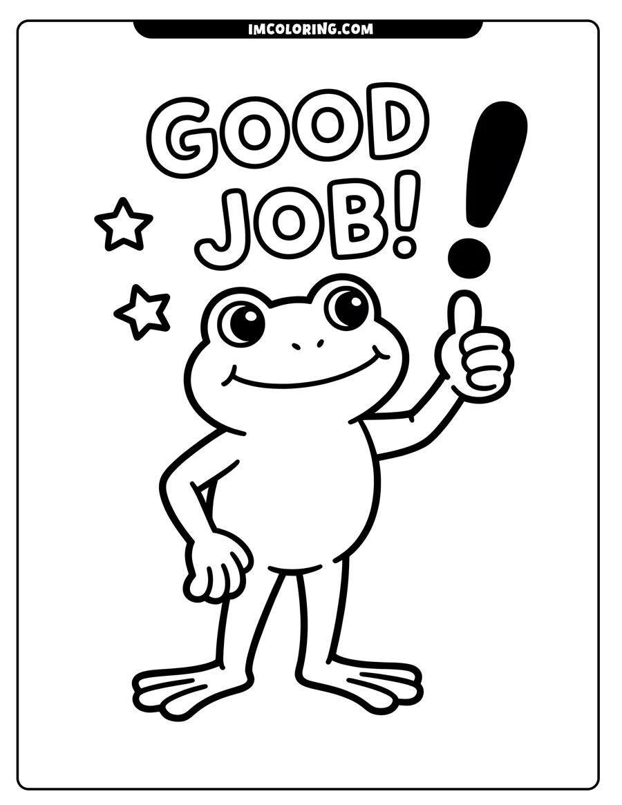 Outline of a cheerful frog giving a thumbs-up gesture. The words 'Good Job' and some stars are placed above the frog's head.