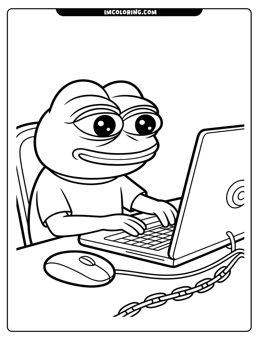 Line art of a frog sitting at a desk, using a laptop. A chain is attached to the computer.