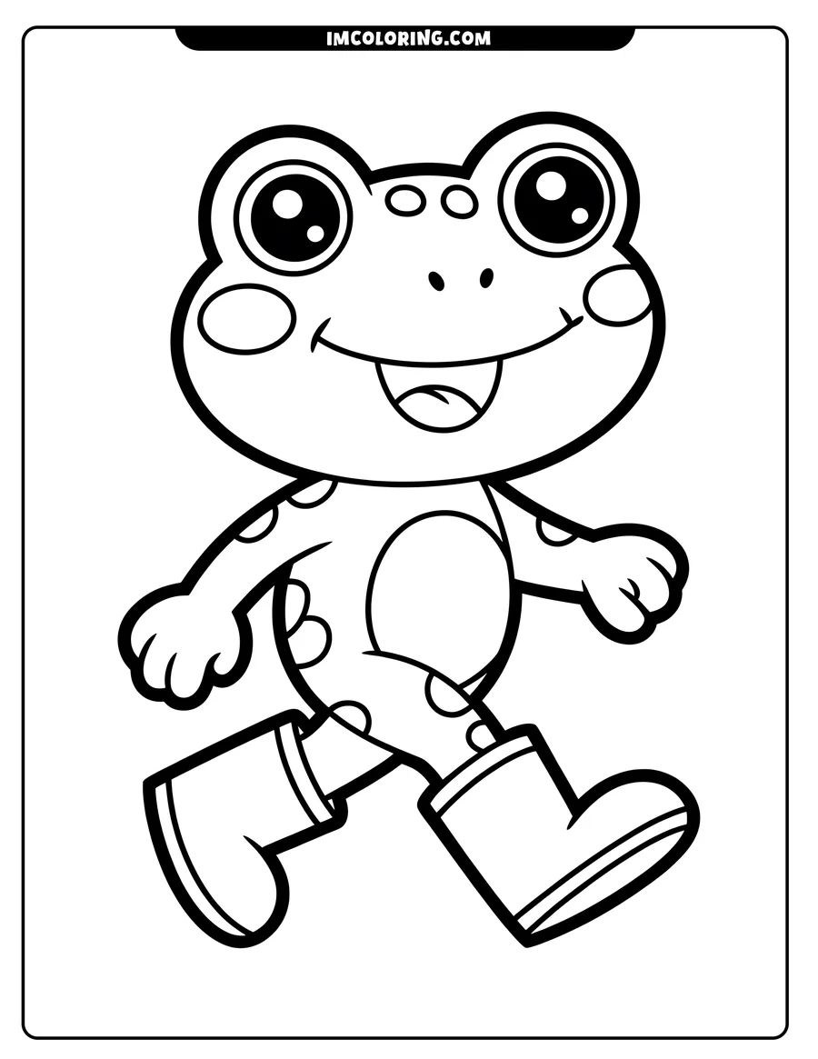 Outline of a smiling frog walking in big boots.