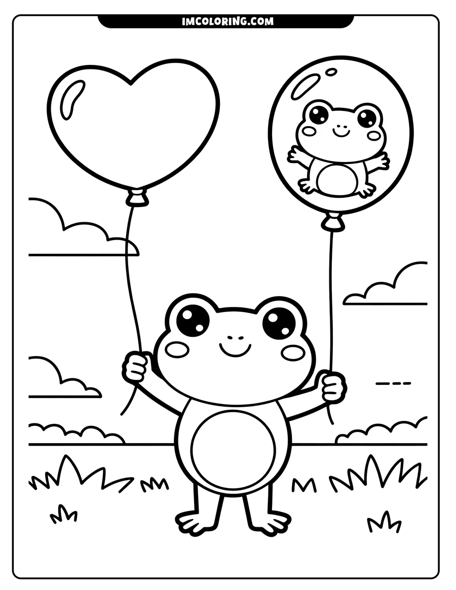 Line art of a frog holding two balloons, one a heart and the other with a smaller frog inside. Simple clouds and grass form the background.