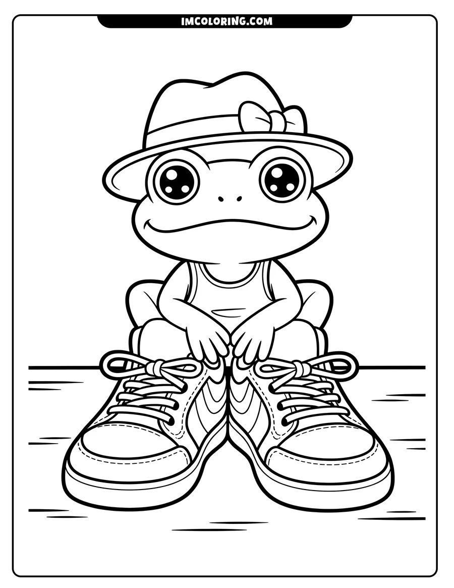 Outline of a cartoon frog wearing a hat with a bow, a sleeveless shirt, and large sneakers. The frog is sitting and has large, friendly eyes.