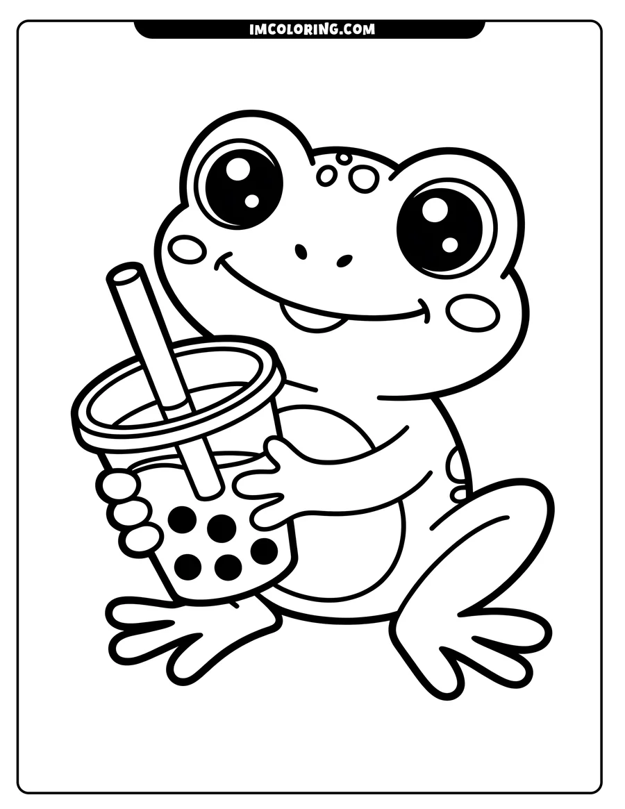Outline of a cartoon frog holding a boba drink.