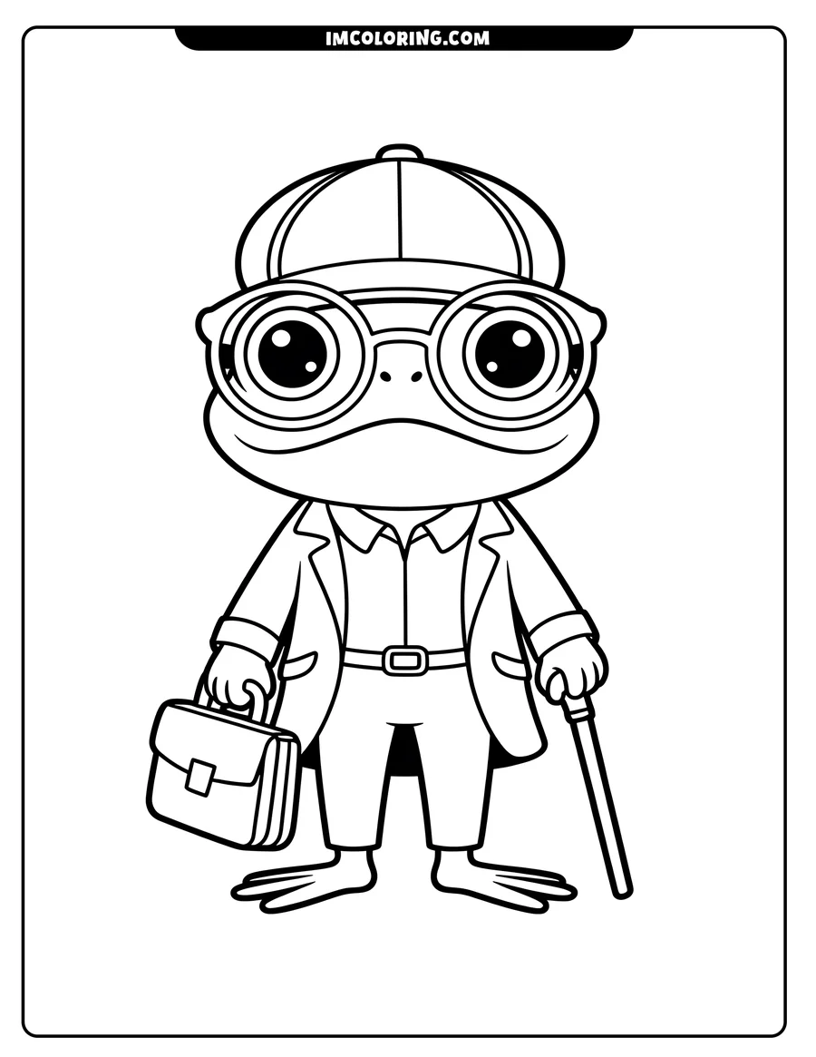 Outline of a cartoon frog in a suit and hat, with a briefcase and cane.