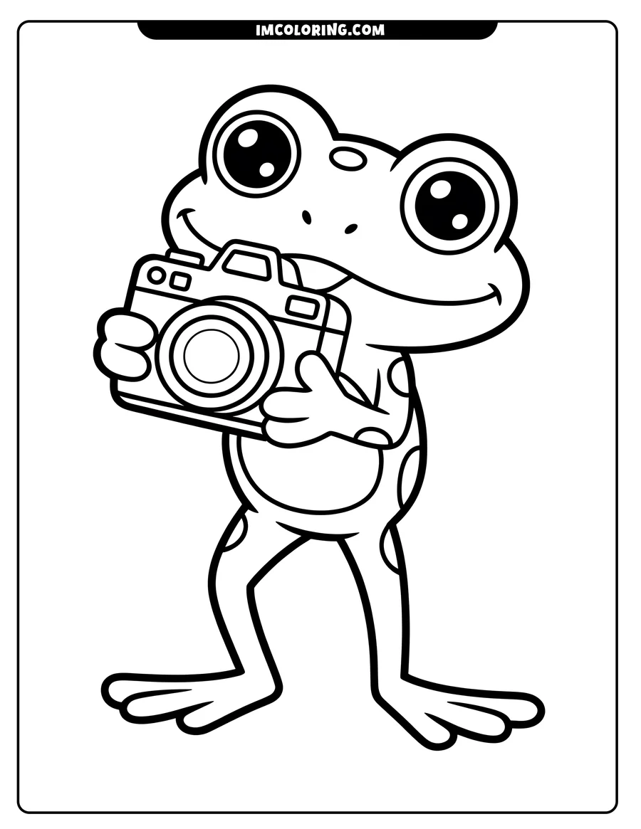 Line art of a cartoon frog holding a camera. The frog is smiling and has large eyes.