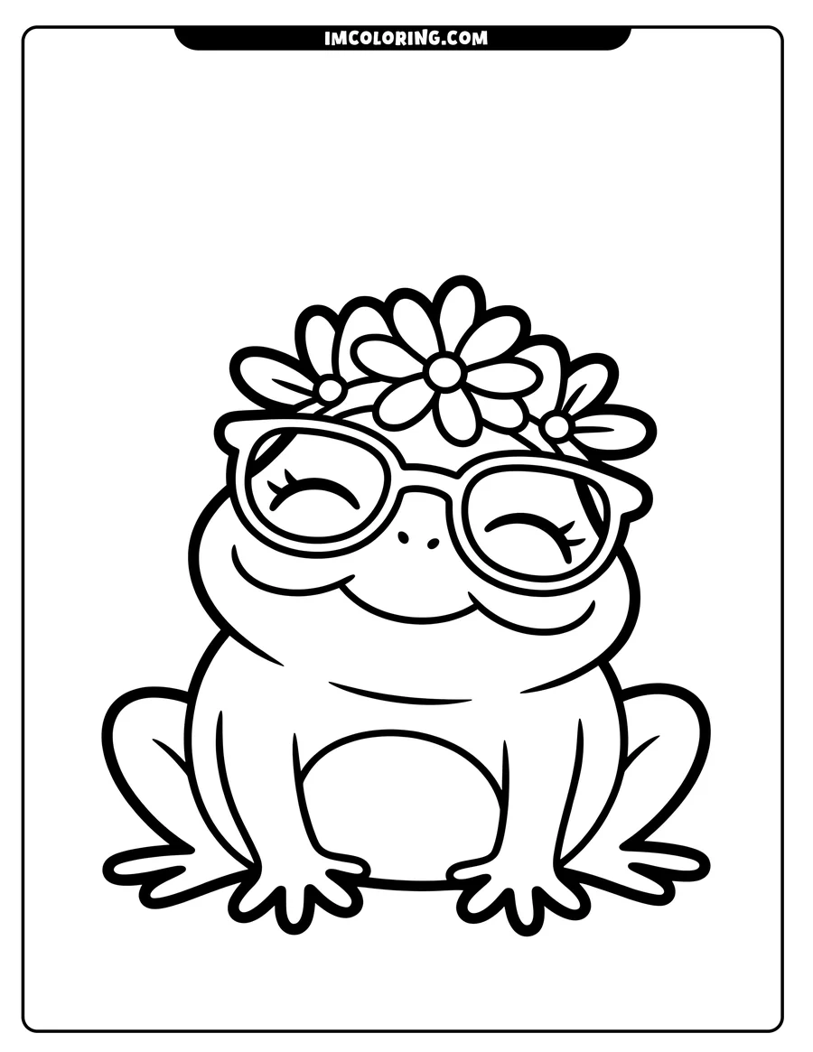Line art of a smiling frog wearing a flower crown and sunglasses.