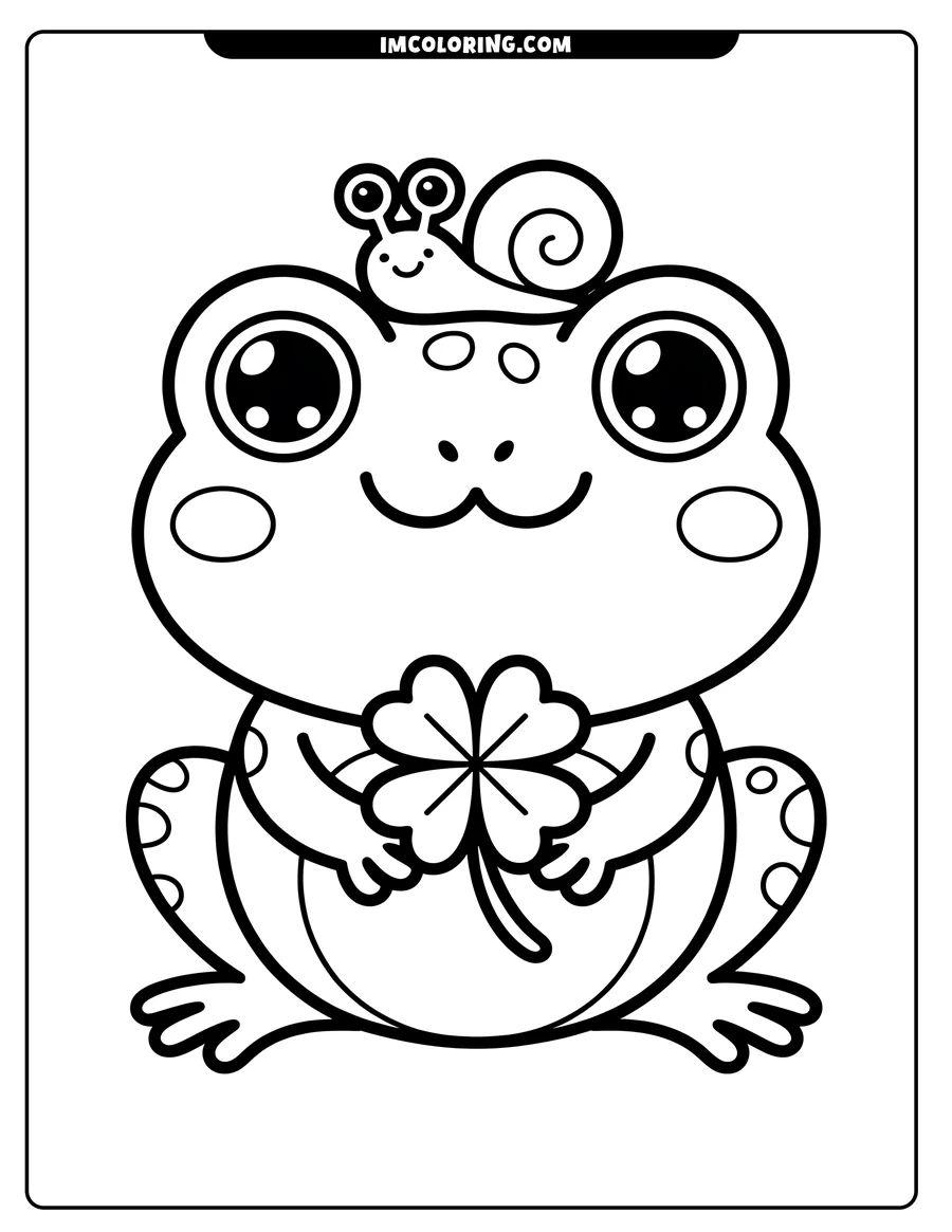 Outline of a cartoon frog holding a four-leaf clover, with a tiny snail perched on its head.