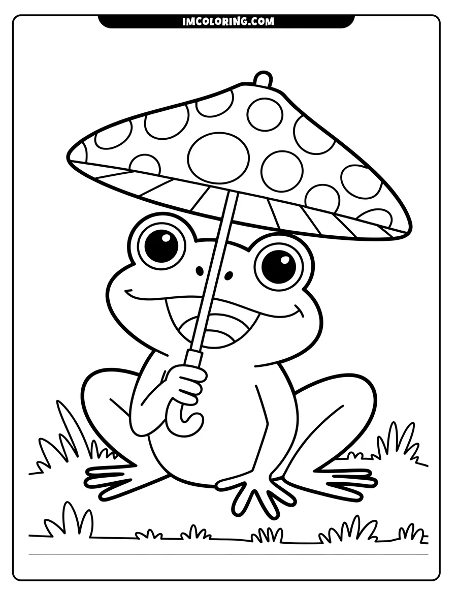 Line art of a smiling frog sitting on the grass, holding a large umbrella with polka dots. Tufts of grass are visible around the frog's legs.