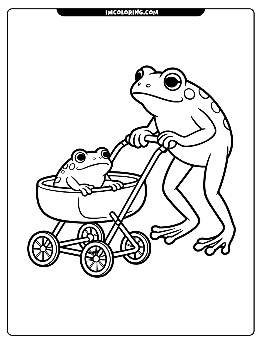 Outline of a frog pushing a stroller with a baby frog inside.