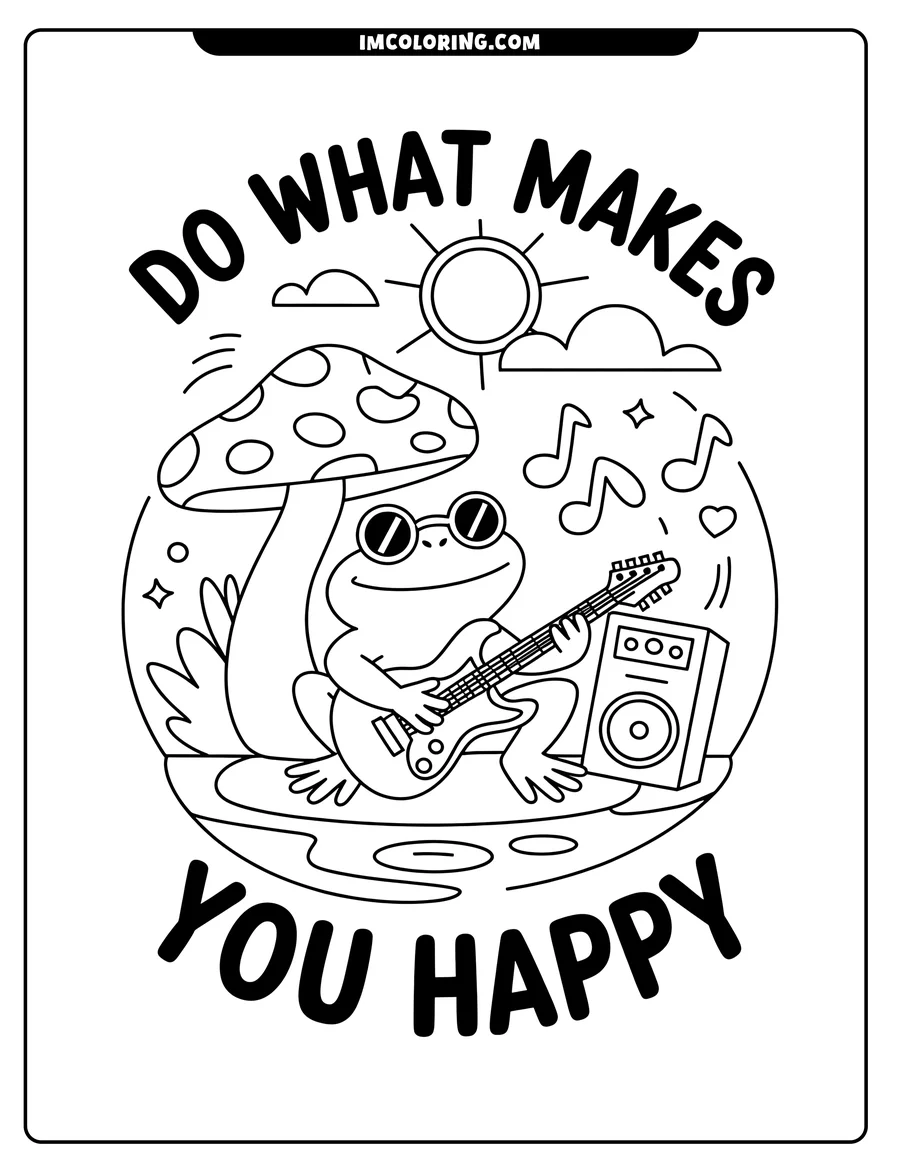 Outline of a frog with sunglasses sitting under a mushroom and playing an electric guitar. Musical notes, a heart, and a speaker surround him.
