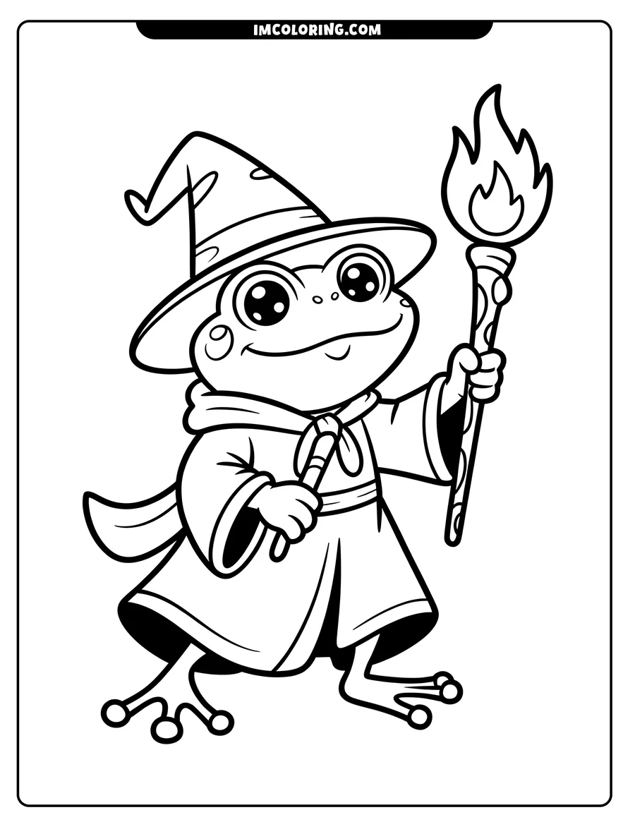 Outline of a cartoon frog wizard holding a torch and a wand.