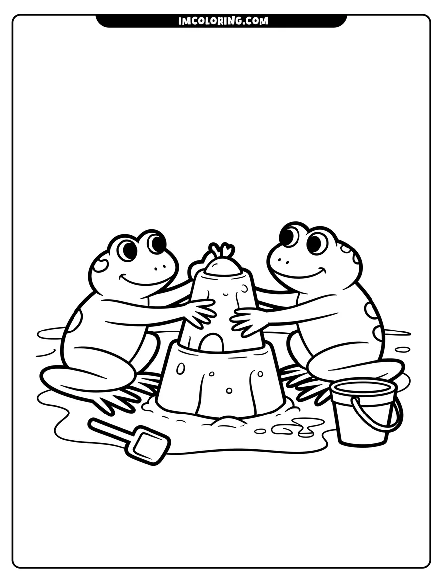 Two frogs building a sandcastle with a bucket and shovel nearby.