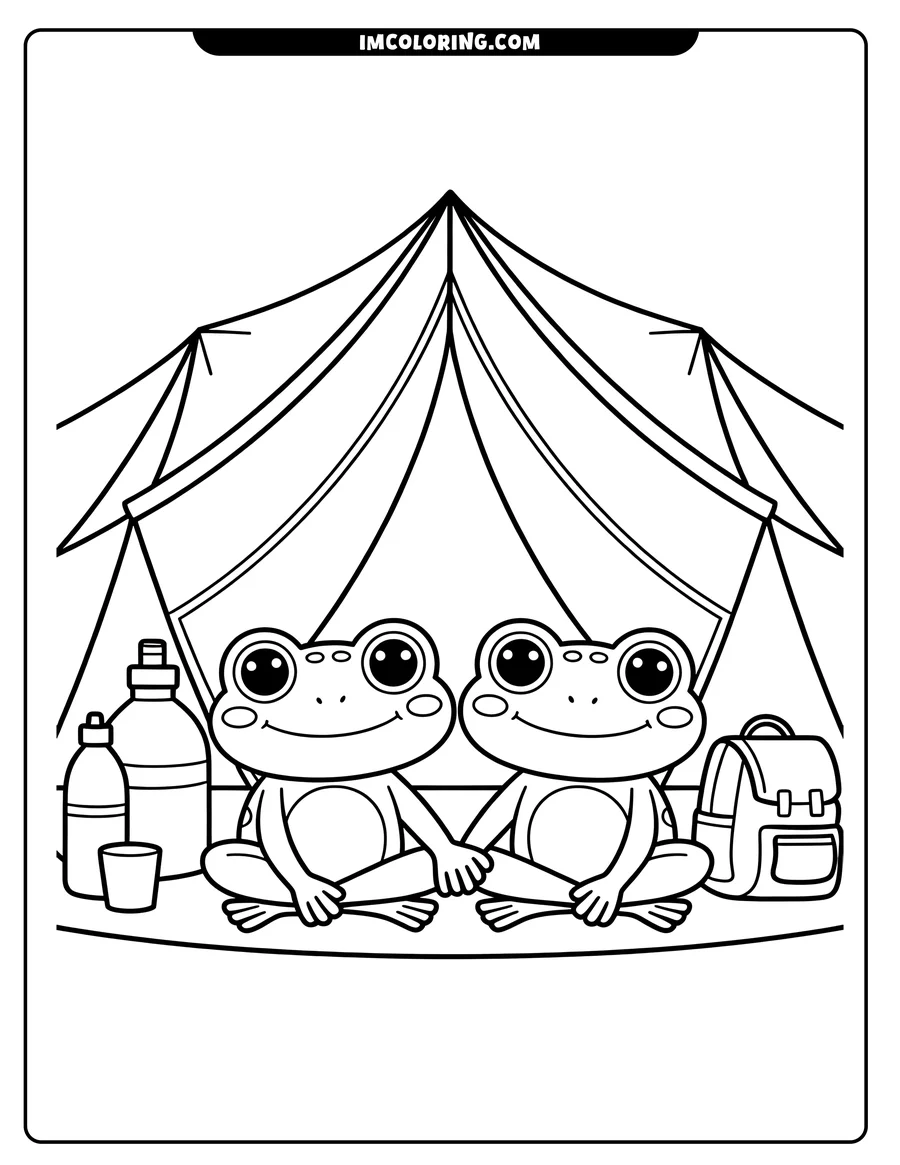 Two frogs holding hands inside a tent, with camping supplies beside them.