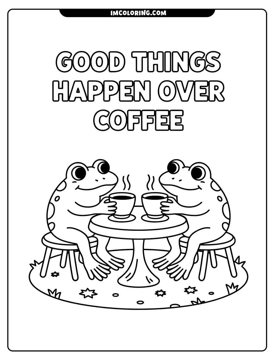 Two frogs sit at a table, each holding a cup of steaming coffee.