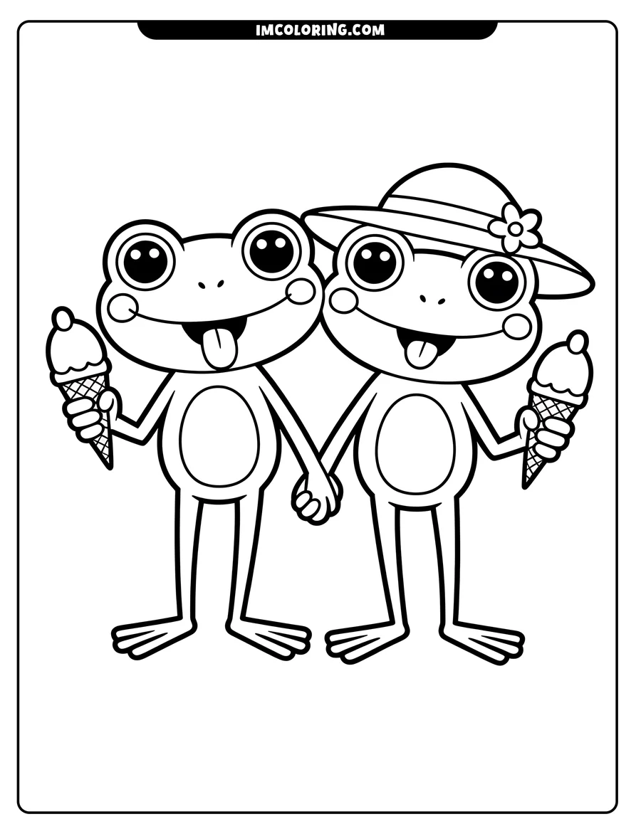 Two frogs holding hands and ice cream cones. One frog wears a flowered hat.