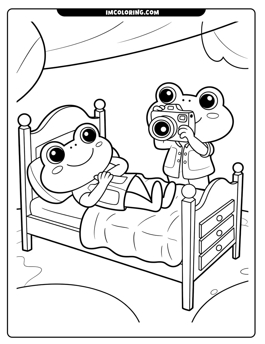 Two frogs in a bedroom, one lying on the bed and the other taking a photo.