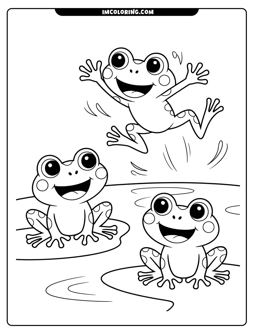 Outline of three frogs, one jumping mid-air and two sitting near water.