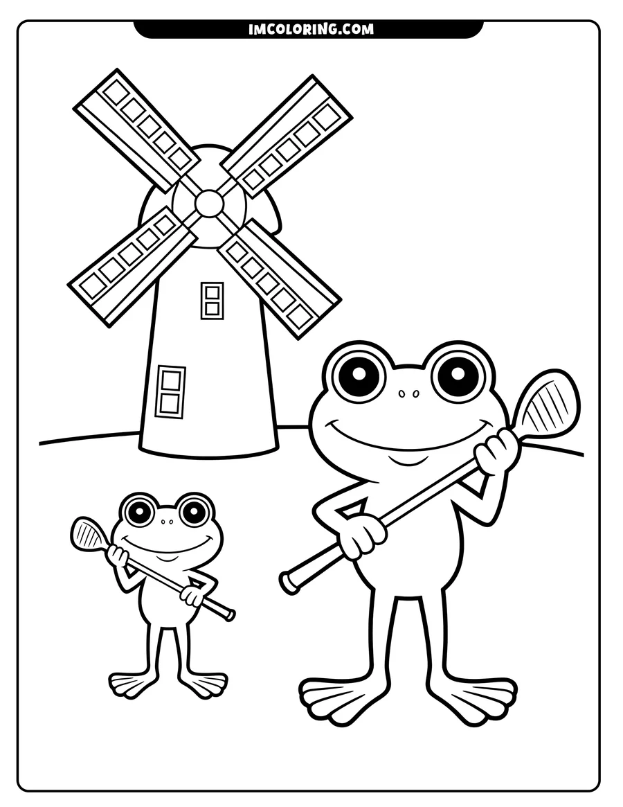 Two simple cartoon frogs with spatulas stand near a windmill.