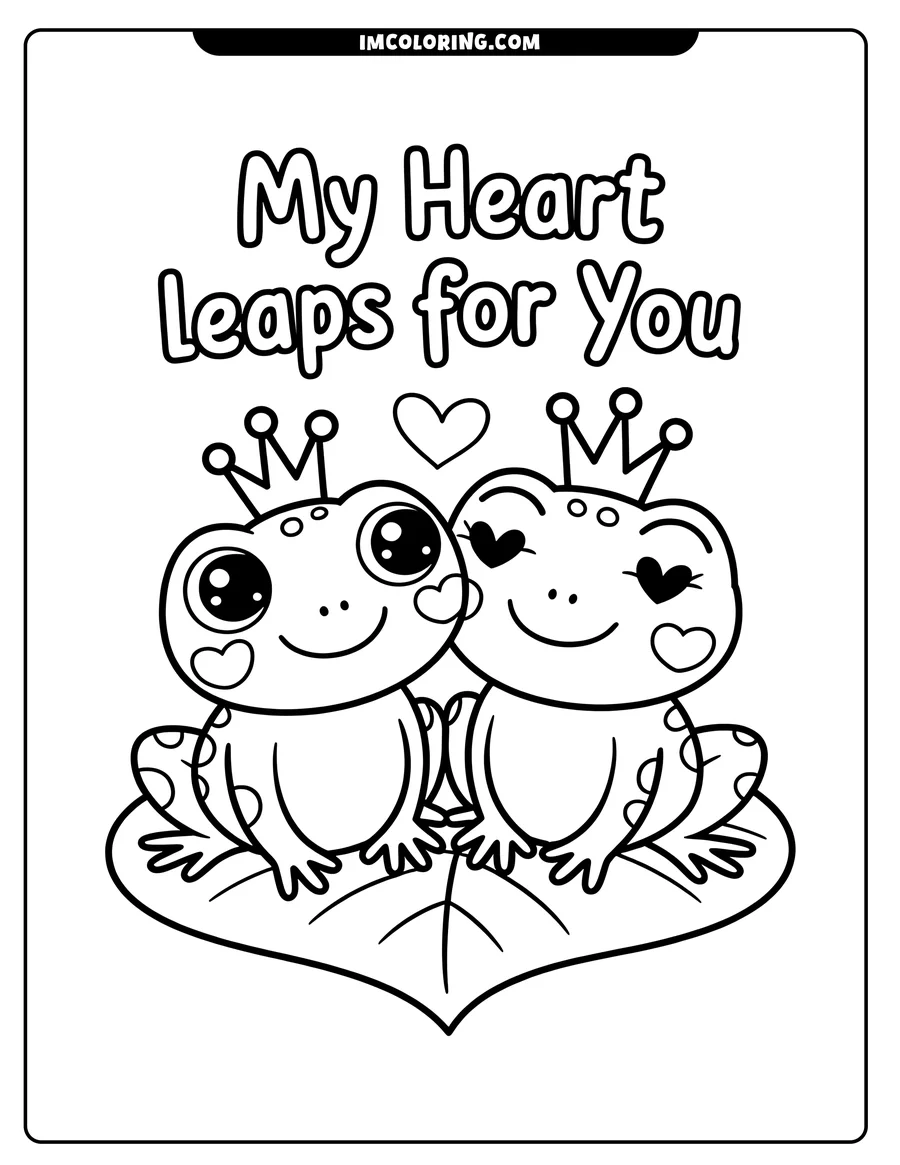 Two frogs with crowns sit on a lily pad, hearts decorate their faces.