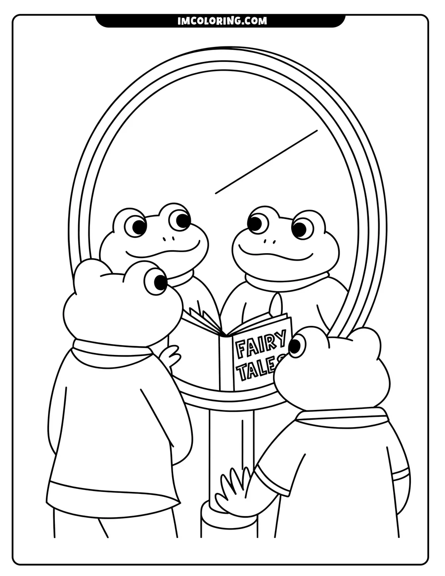Two frogs reading a fairy tale book in front of a mirror.