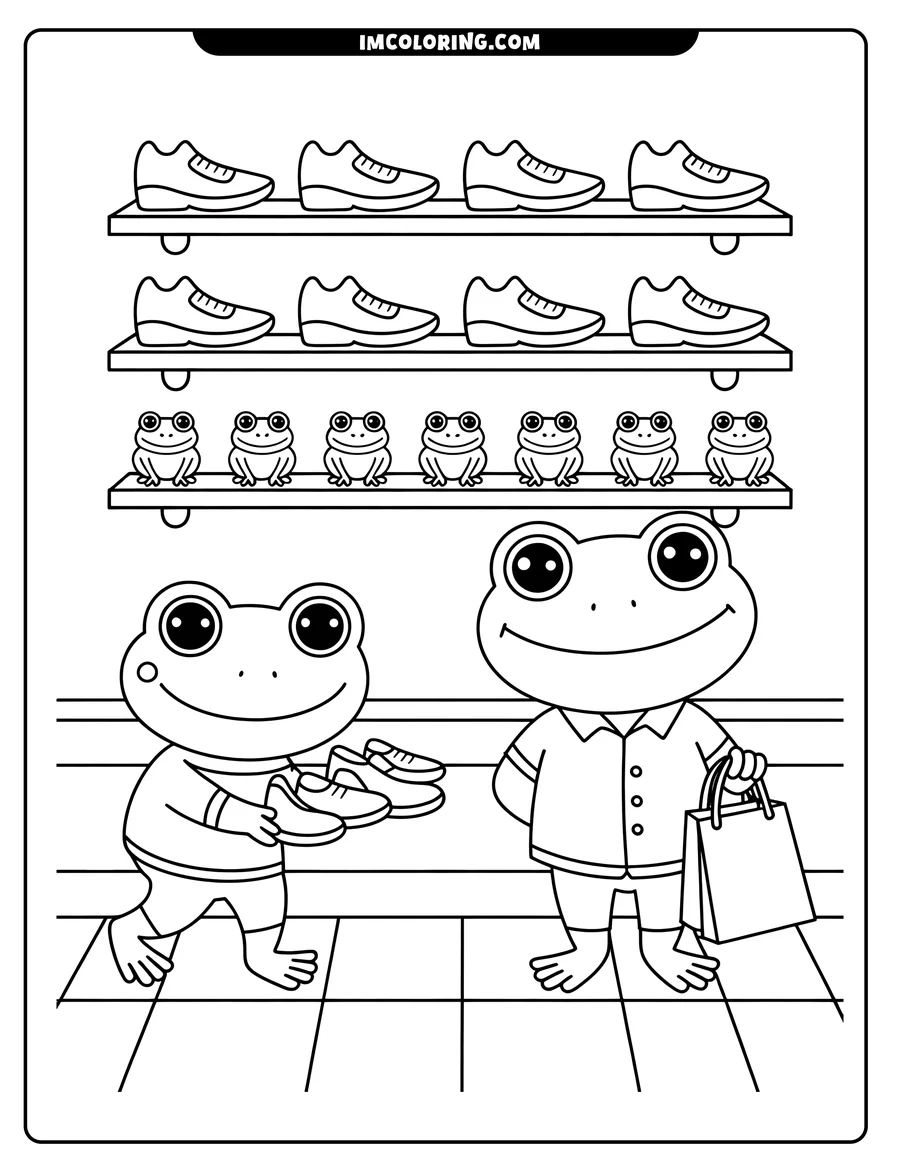 Two frogs shoe shopping. One frog holds a pair of shoes and the other has a shopping bag. More frogs and shoes are on shelves in the background.