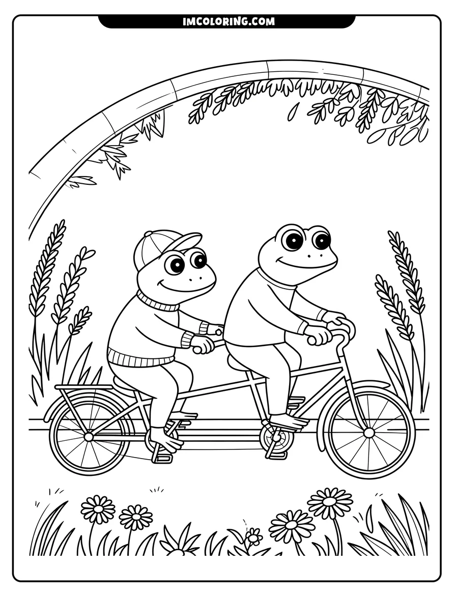 Two frogs riding a tandem bicycle under an arching plant, with daisies and grass along the path.