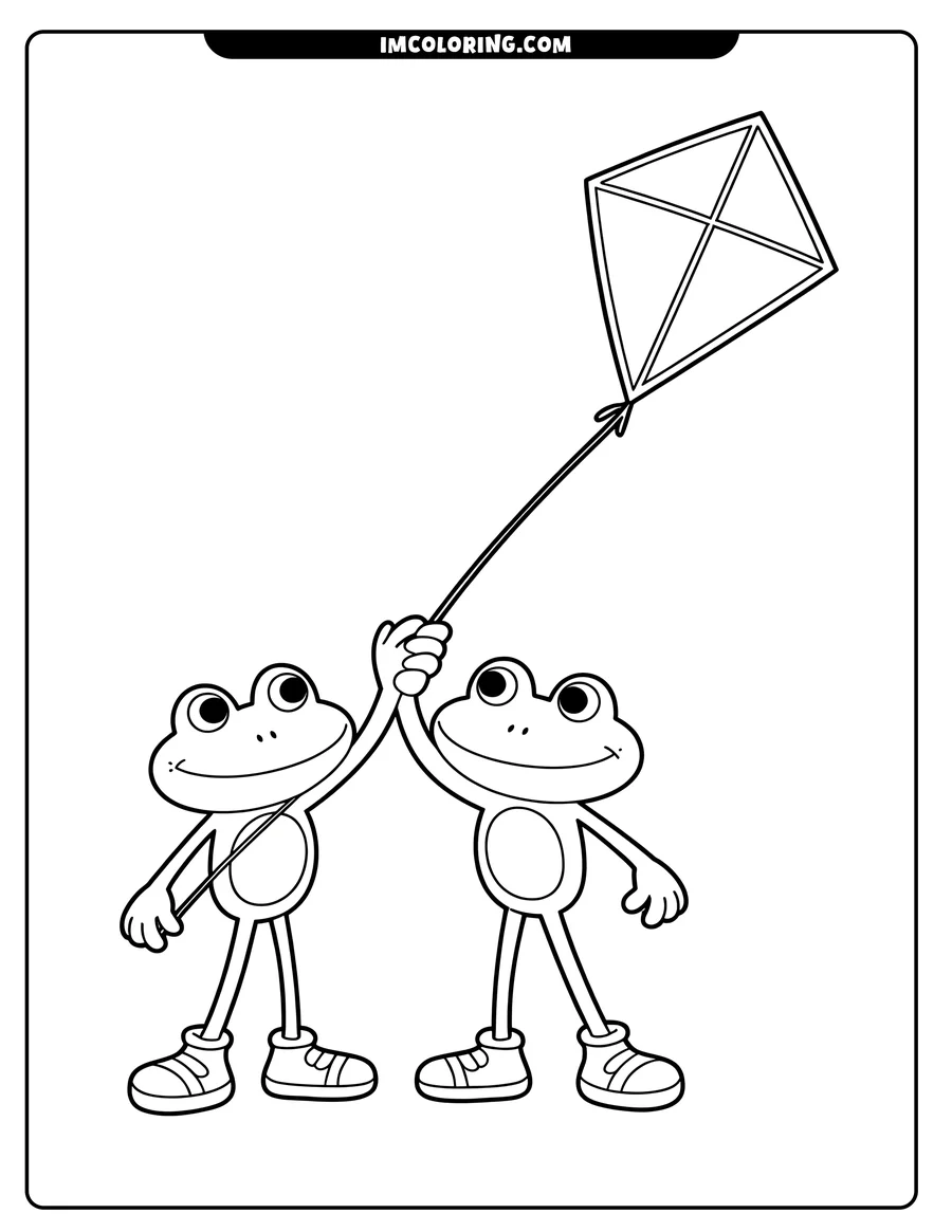 Two frogs holding a kite string, ready for coloring.