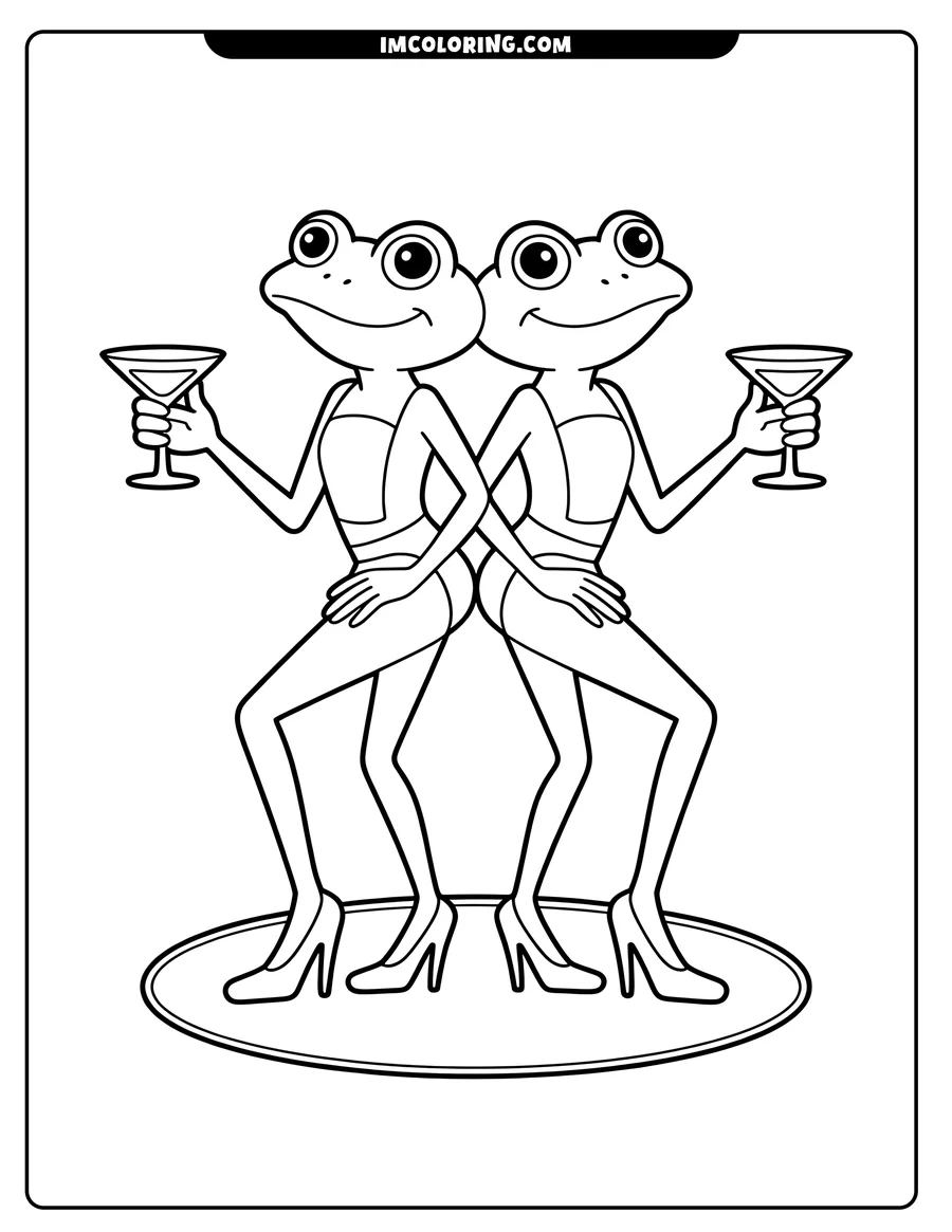 Two frogs in swimsuits and heels, each holding a martini, pose back-to-back on a circular surface.