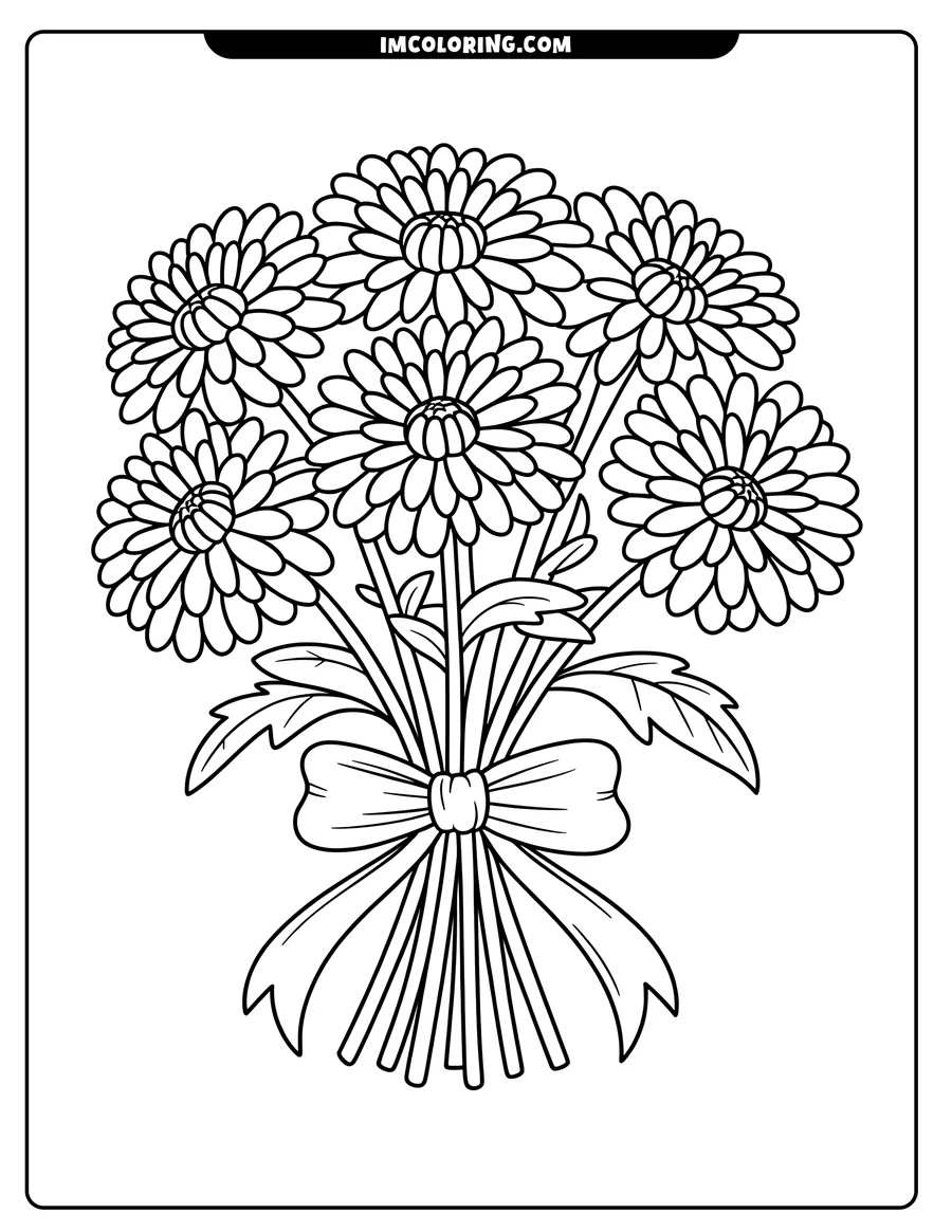 Line art of a bouquet of gerbera daisies tied with a bow.