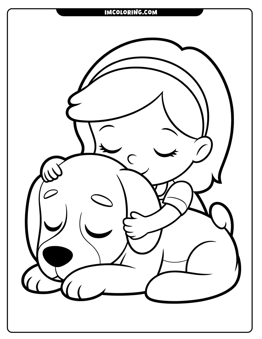 Line art of a girl hugging a spotted dog. Both the girl and the dog have closed eyes, conveying a peaceful and affectionate mood.
