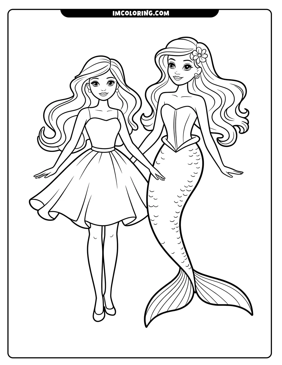 Line drawing of a girl and mermaid. The girl is wearing a short party dress and the mermaid has a scaled tail.
