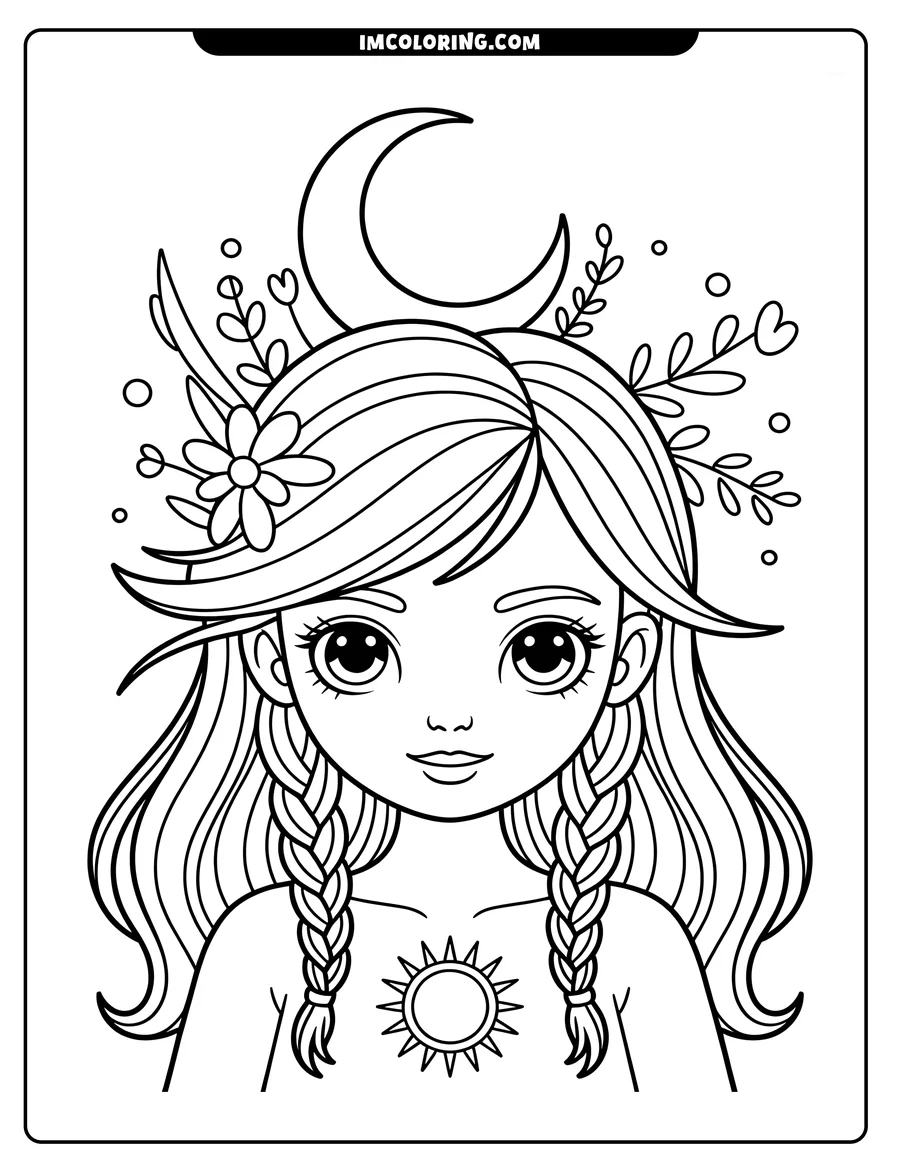Line art of a girl with a crescent moon and flowers in her hair. She has two braids and a sun design on her chest.