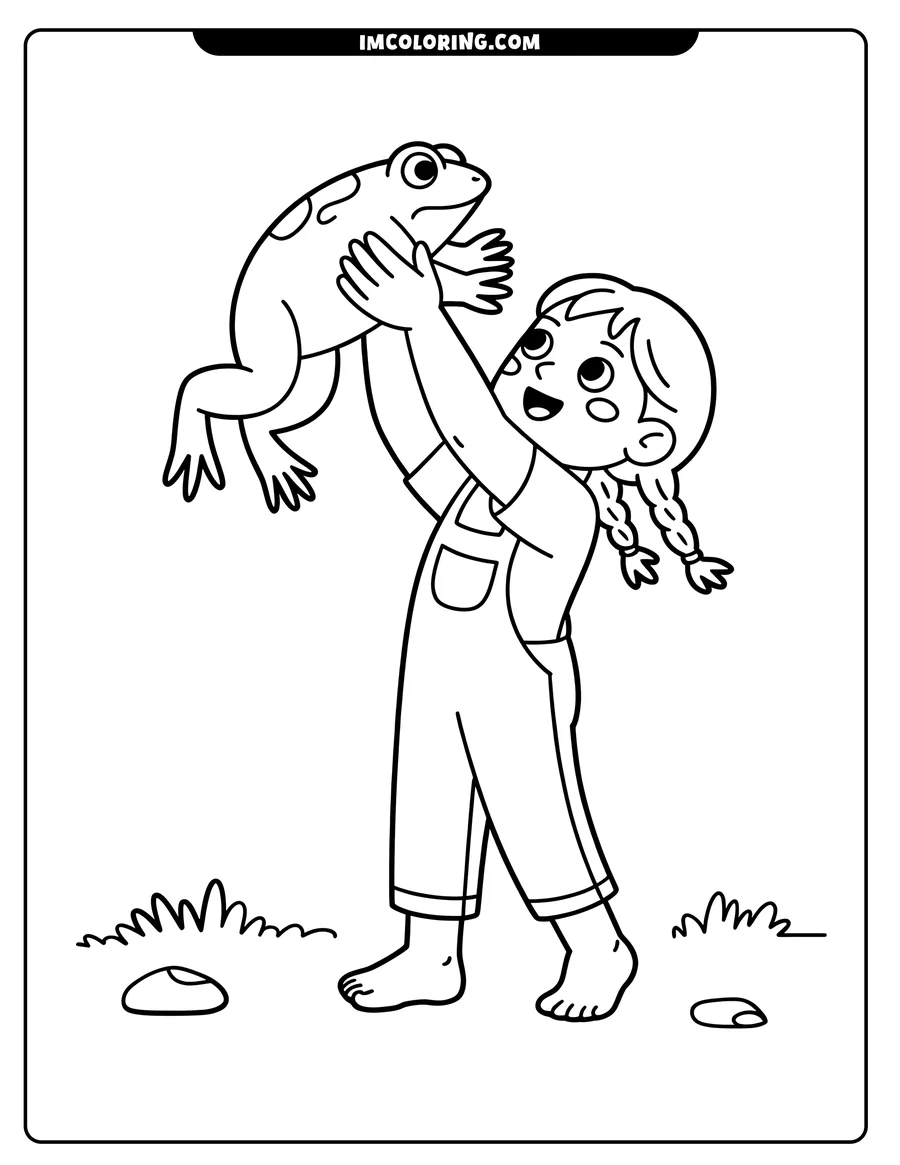 Line art of a girl holding a frog above her head, with grass and rocks on the ground.