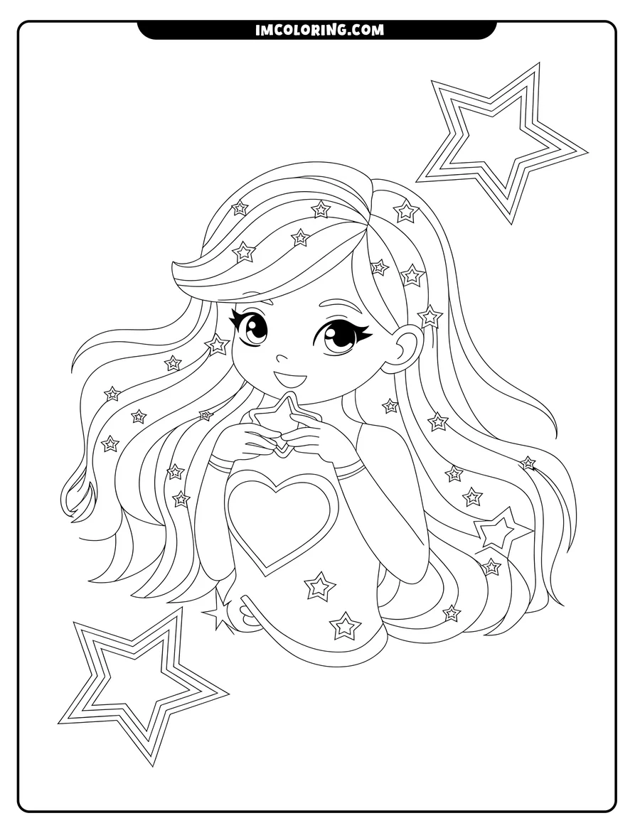 Line art of a girl with long, star-adorned hair, holding a star and smiling. She wears a shirt with a heart. More stars decorate the background.