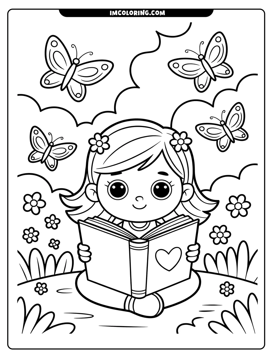 Line art of a young girl reading a book outdoors with butterflies and flowers around her.