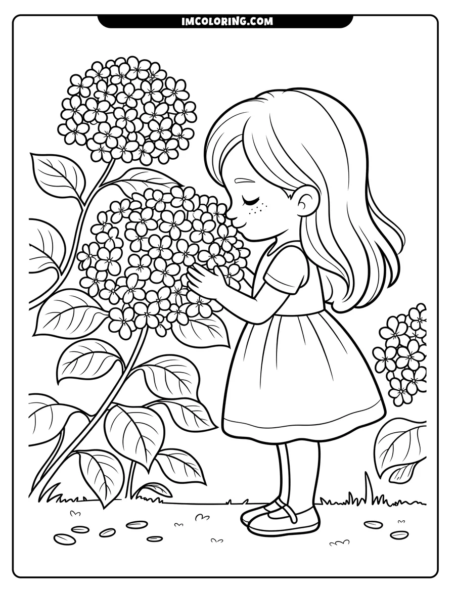 Line art of a girl smelling a hydrangea blossom. She has long hair and wears a dress. More hydrangeas are visible in the background.