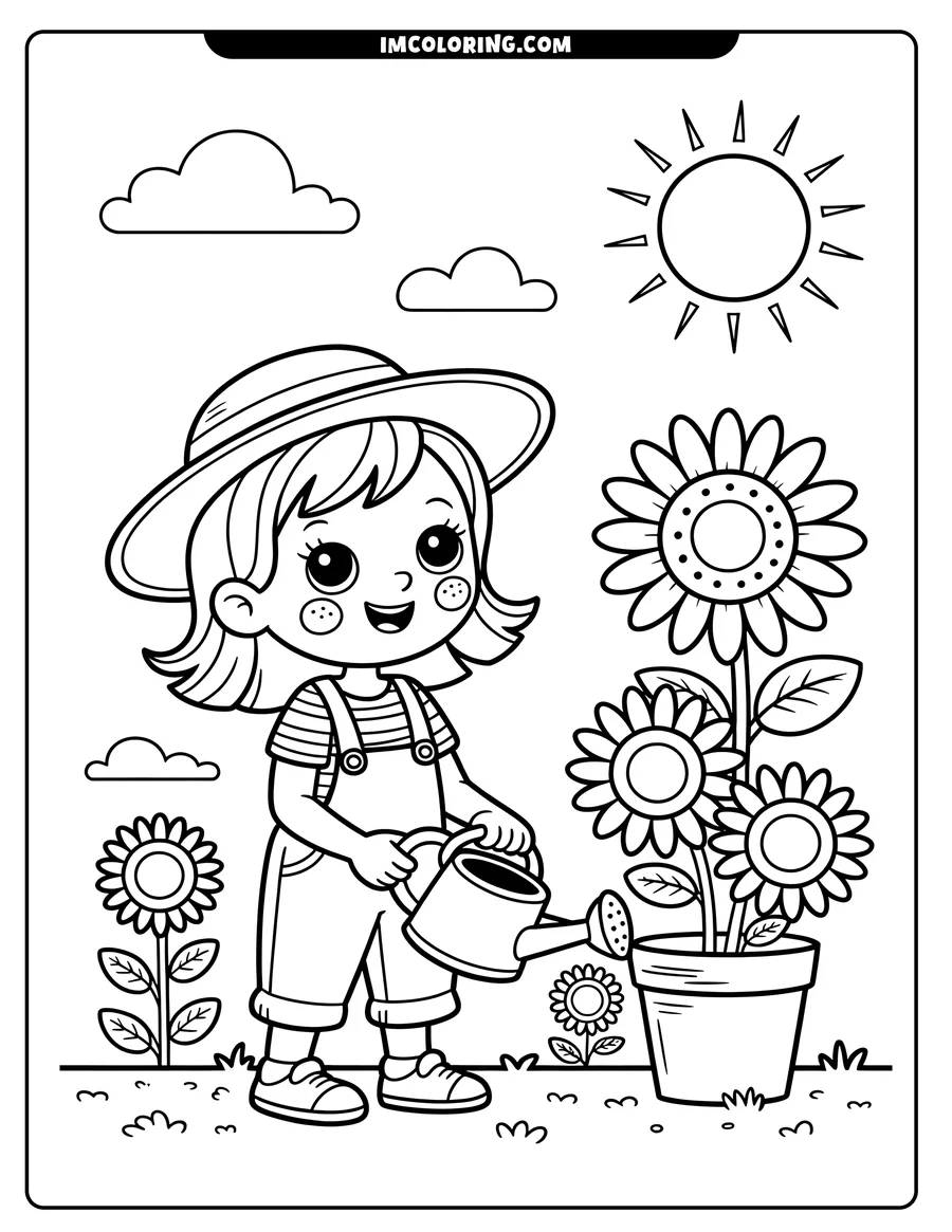 Line art of a girl wearing overalls and a sun hat watering sunflowers in a garden. The sun is shining and there are fluffy clouds in the sky.