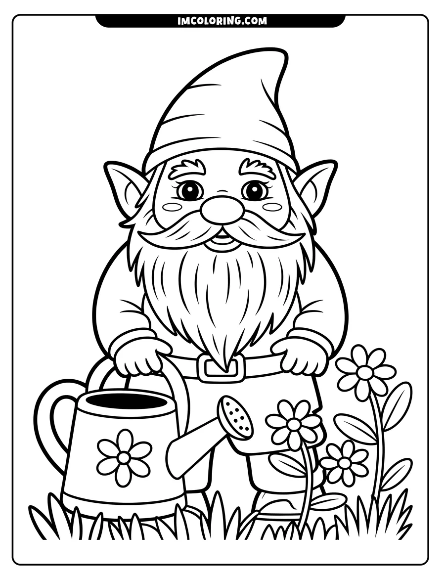 Outline of a smiling gnome holding a watering can, standing near two flowers in the grass.