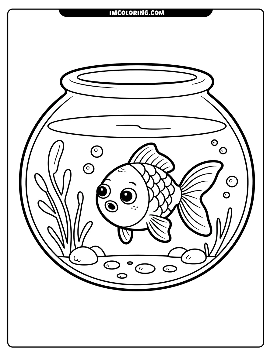 Outline drawing of a goldfish swimming in a fishbowl, with rocks, plants, and bubbles around it.