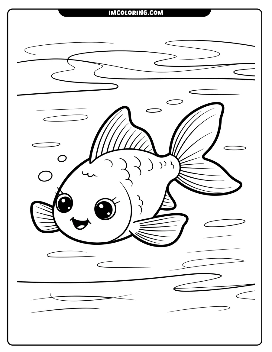 Outline of a cartoon goldfish swimming underwater with bubbles around it.