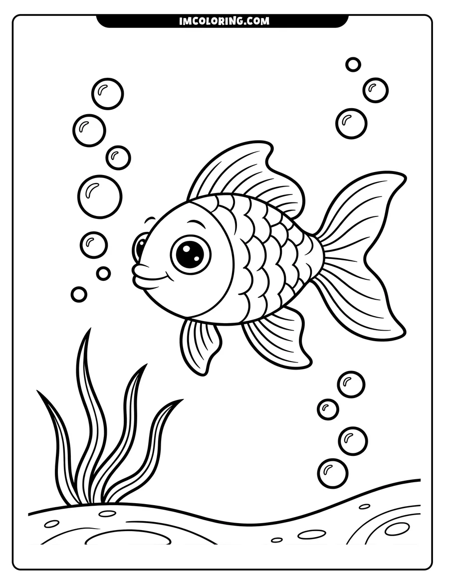 Line art of a goldfish swimming underwater, surrounded by bubbles and seaweed.