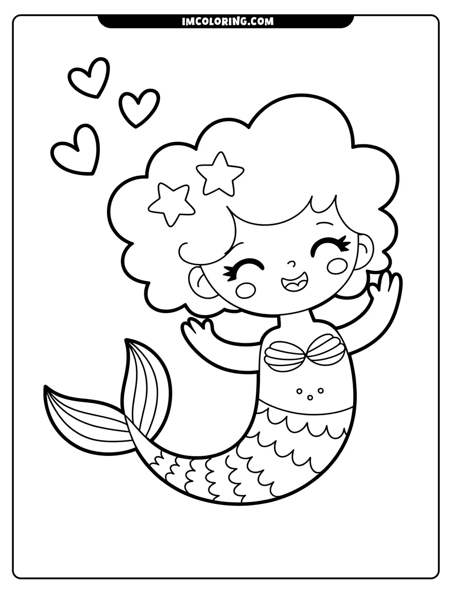 Line art of a happy mermaid with stars in her hair, waving cheerfully. She wears a seashell top and has a wavy tail. Three hearts float above.