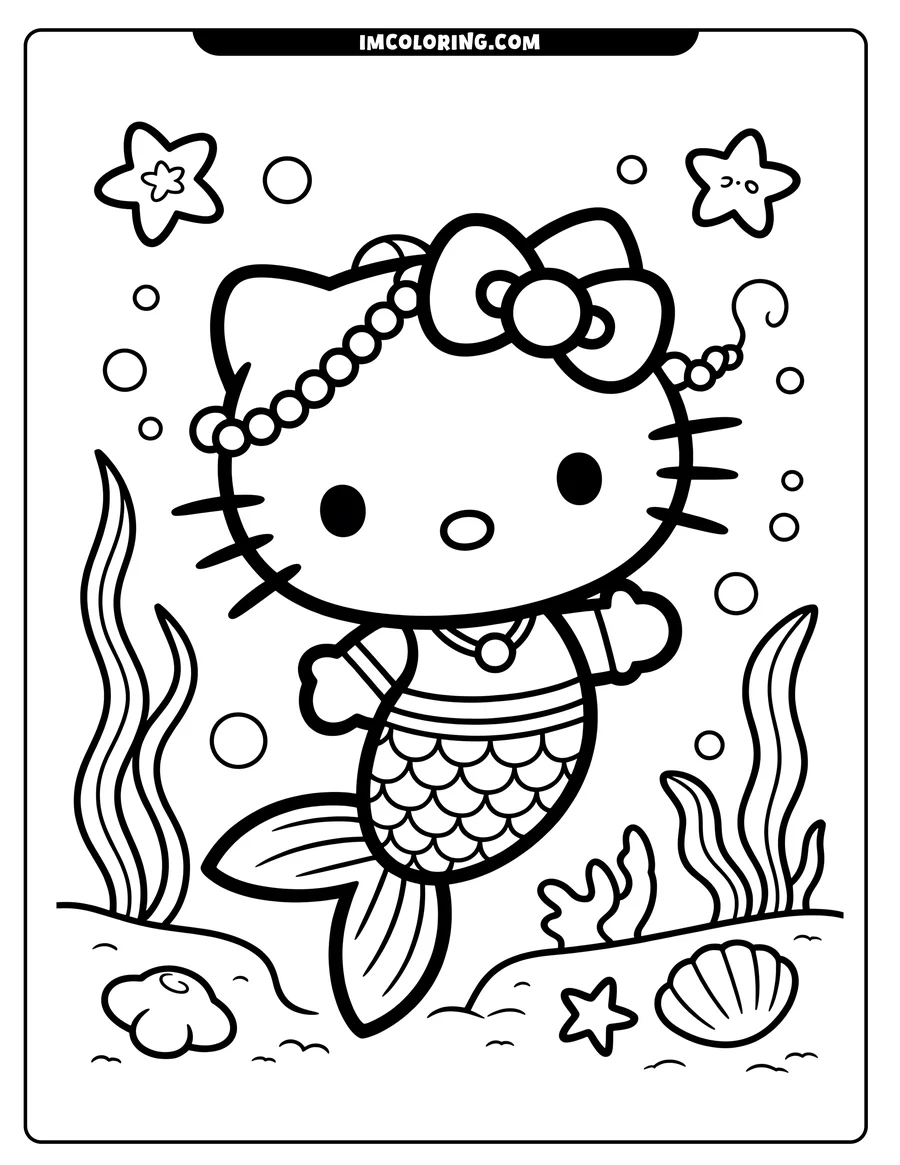Line art of Hello Kitty as a mermaid swimming underwater, with seaweed, starfish, and a seashell on the ocean floor.