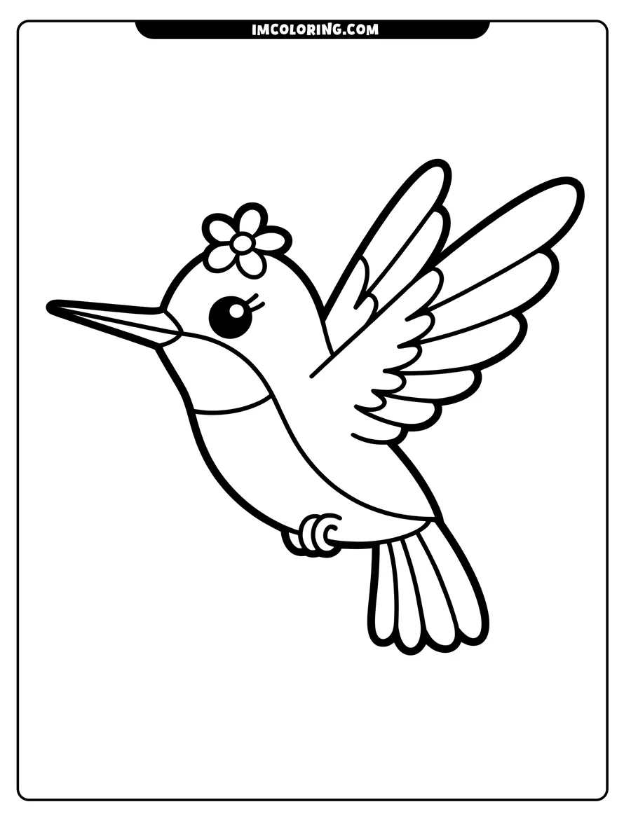 Line art of a hummingbird in flight with a flower behind its ear.