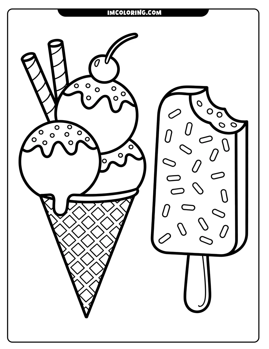 Outline of a triple-scoop ice cream cone with a cherry and wafer sticks, alongside a popsicle with sprinkles and a bite taken out of it.