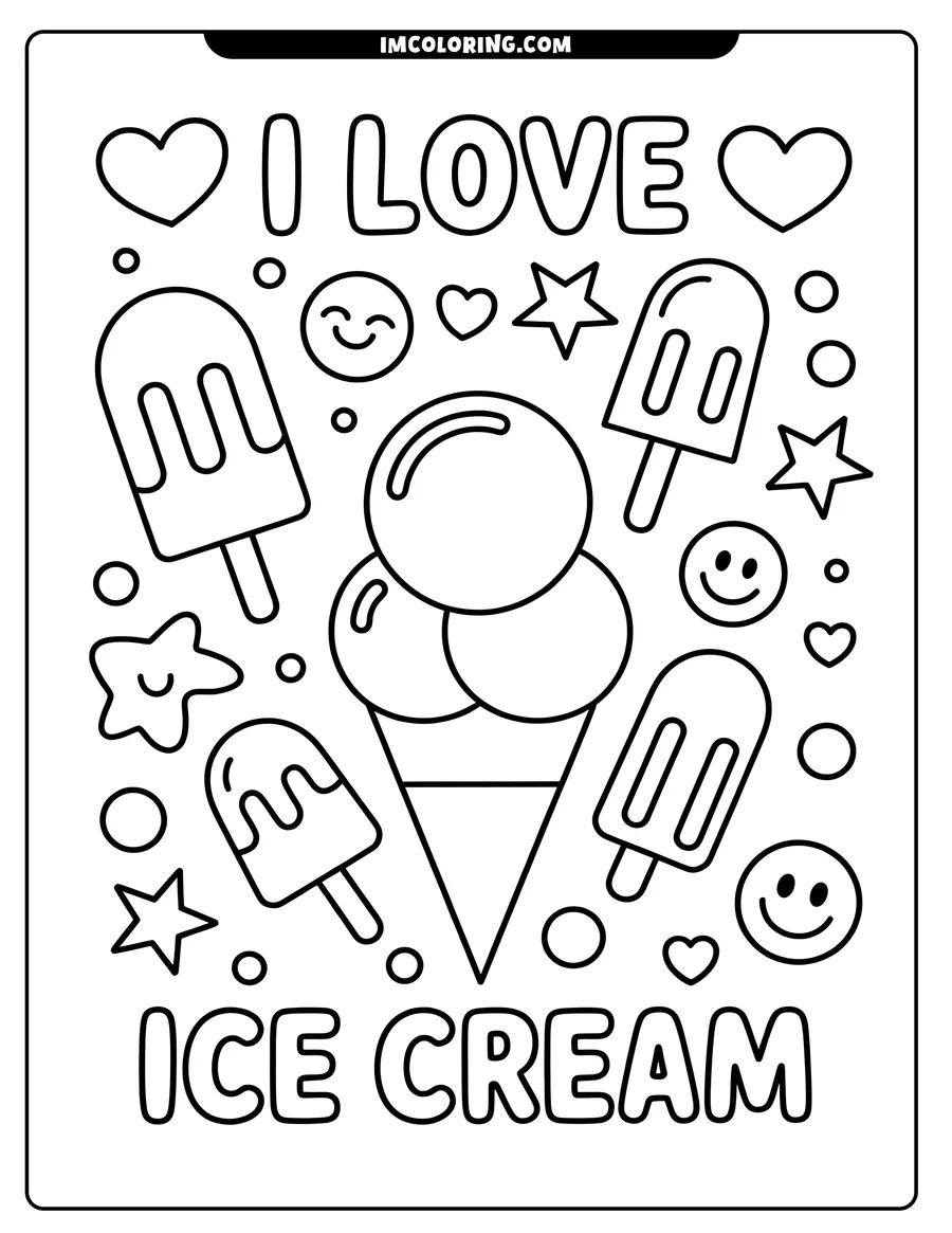 Line art of an ice cream cone and popsicles, surrounded by stars, hearts, and smiley faces.