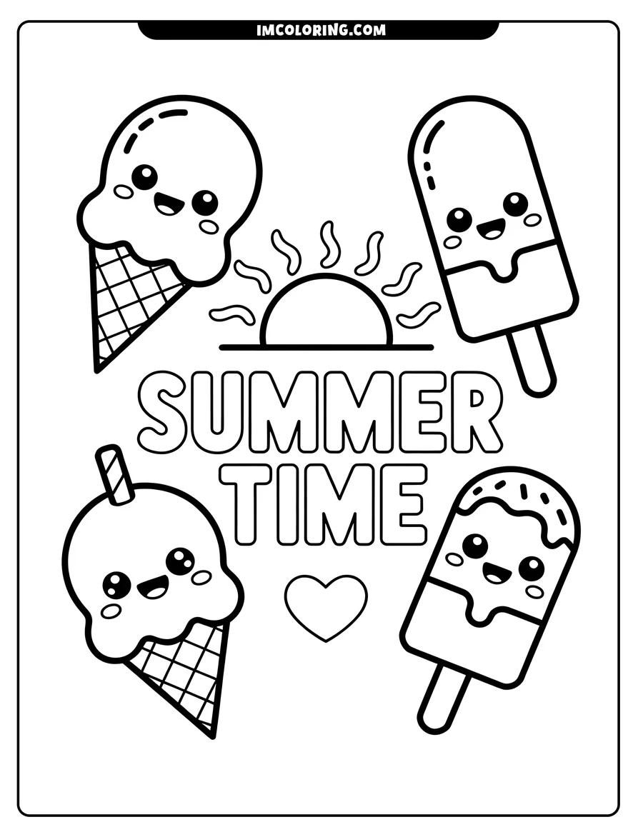 Line art of two ice cream cones and two popsicles with the words Summer Time. A heart and partial sun add to the summertime theme.