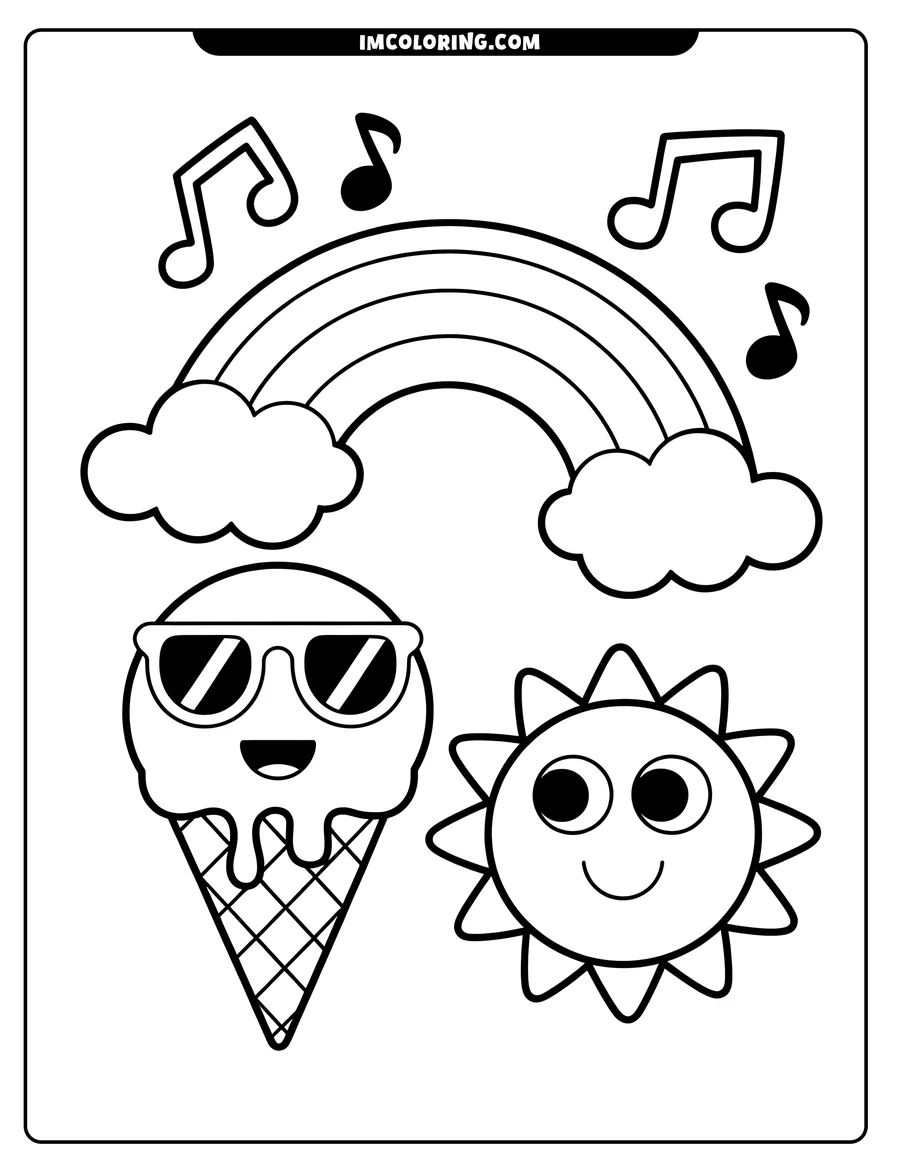Line art of an ice cream cone wearing sunglasses and a smiling sun below a rainbow and musical notes.